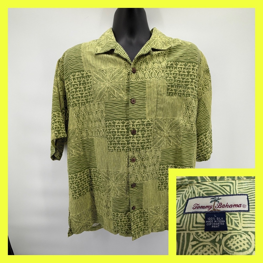 Tommy Bahama Silk‎ Shirt Mens Large Green Geometric Patchwork Hawaiian Button Up